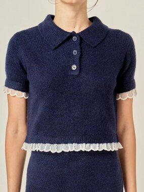 English Factory Scallop Detailed Knit Top Navy Blue & White Lace Trim Sze S NWOT
